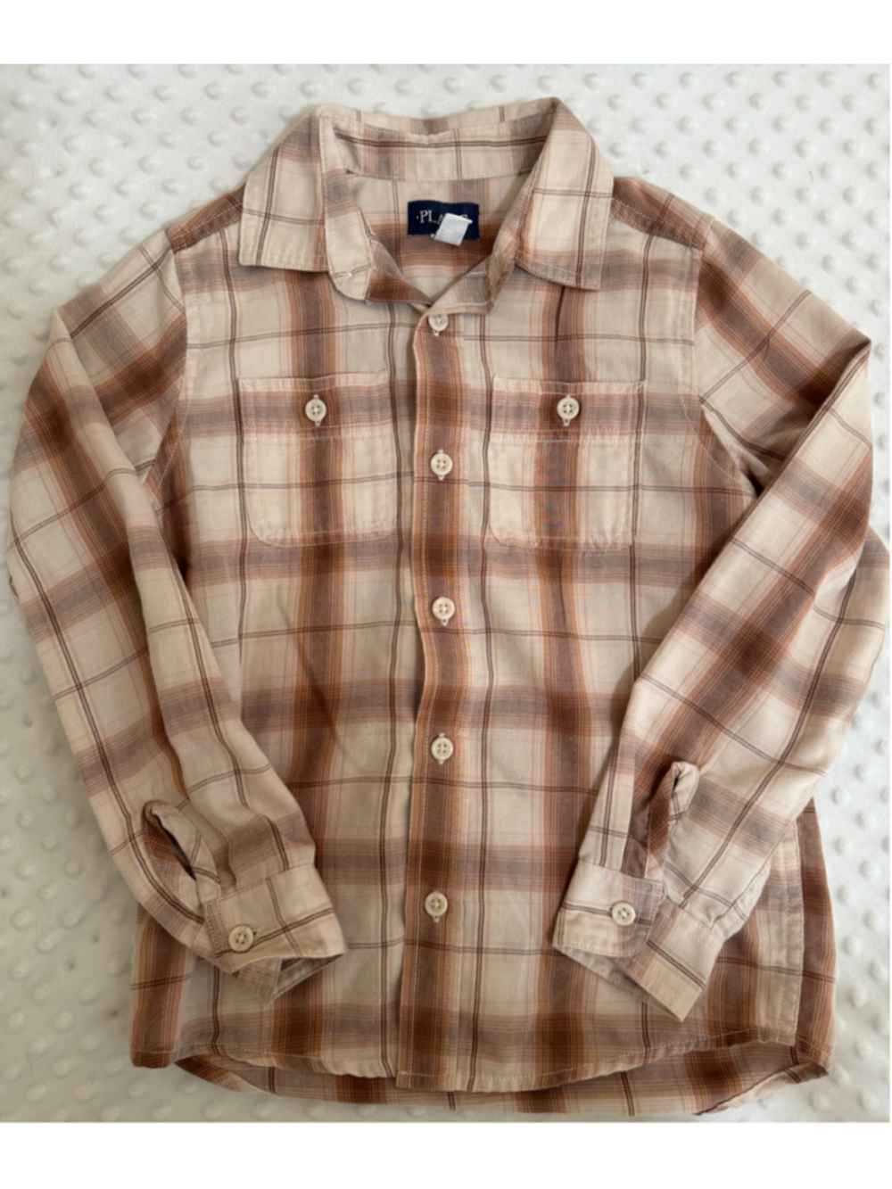 Boys The Children's Place Plaid Button Down Shirt Size 7/8 Beige Brown